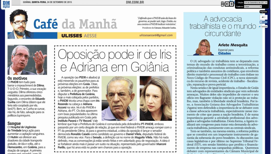 Diário da Manhã comenta pesquisa realizada pelo Instituto Paraná Pesquisas na cidade de Goiânia