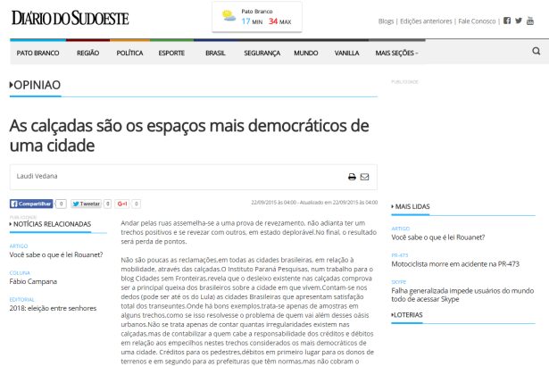 Diário do Sudoeste comenta pesquisa sobre avaliação de aspectos da estrutura urbana das cidades brasileiras