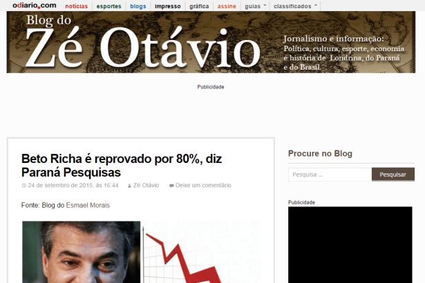 Blog do Zé Otávio, O Diário, divulga pesquisa de aprovação do Governador Beto Richa em Campo Mourão e Fazenda Rio Grande/Pr
