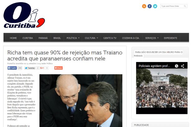 Jornal Oi, Curitiba divulga pesquisa de aprovação do Governador Beto Richa na Fazenda Rio Grande/Pr