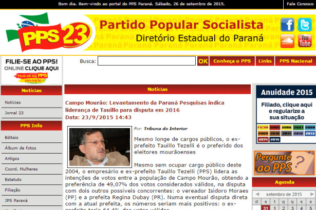 Site do PPS-PR divulga pesquisa de intenção de voto para Prefeitura de Campo Mourão/Pr
