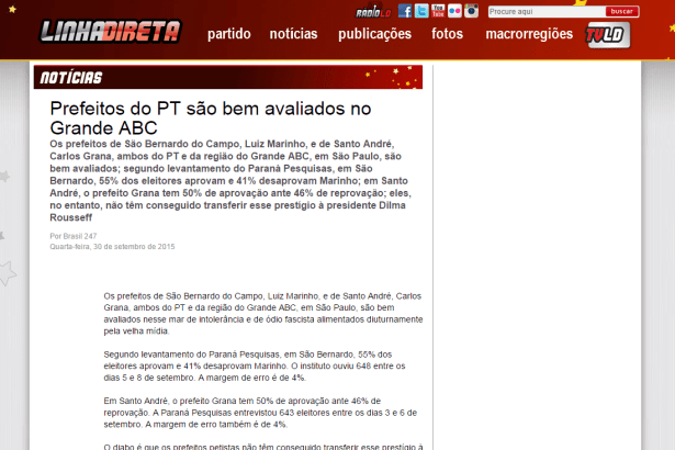 Site Linha Direta divulga pesquisa de avaliação dos Prefeitos de Santo André e São Bernardo do Campo/Sp