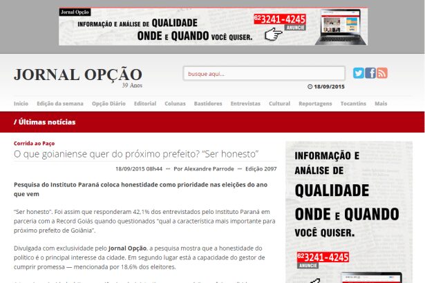 Jornal Opção divulga pesquisa sobre o que os goianienses esperam do próximo Prefeito