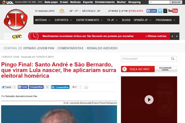 Jovem Pan, por Reinaldo Azevedo, divulga pesquisa Presidencial realizada no ABC Paulista