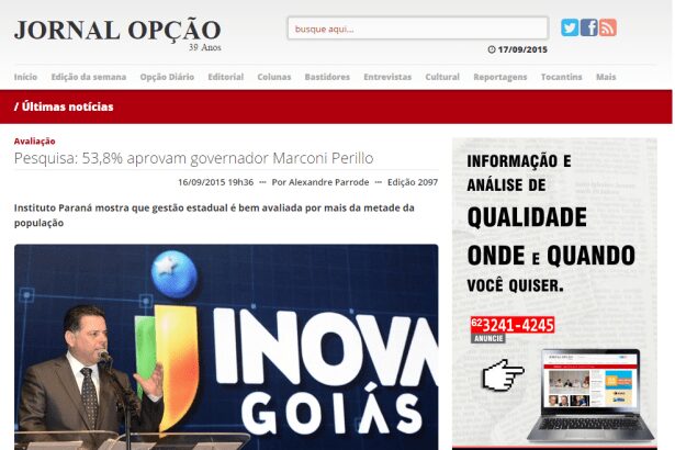 Jornal Opção divulga pesquisa realizada no Estado de Goiás