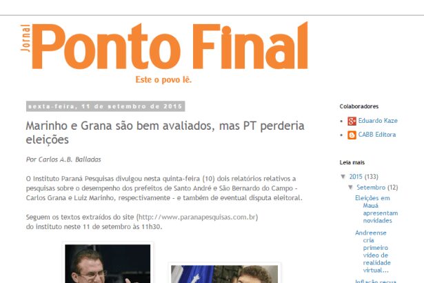 Jornal Ponto Final divulga pesquisa Estadual e Municipal realizadas em Santo André e São Bernardo do Campo-SP