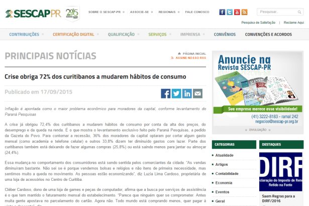 SESCAP-PR divulga pesquisa sobre hábitos de consumo dos curitibanos
