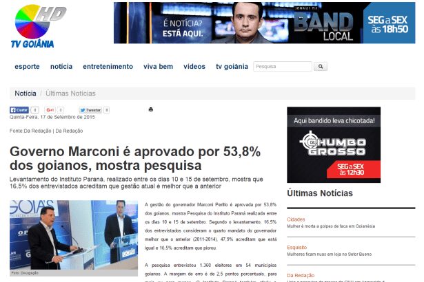 TV Goiânia divulga pesquisa realizada no Estado de Goiás