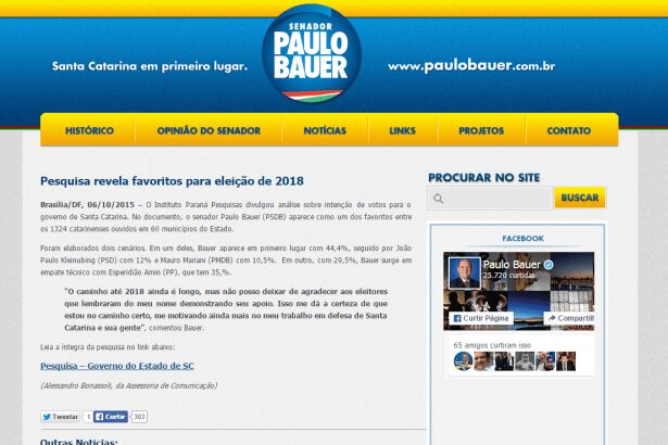 Site do Senador Paulo Bauer divulga pesquisa de intenção de voto dos catarinenses para o Governo do Estado