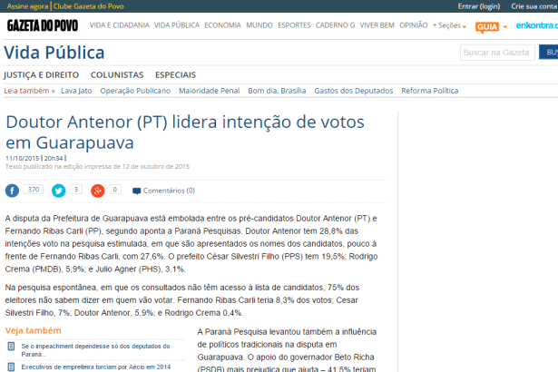 Gazeta do Povo divulga pesquisa realizada em Guarapuava/Pr