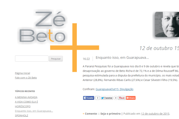 Blog do Zé Beto divulga pesquisa realizada em Guarapuava/pr