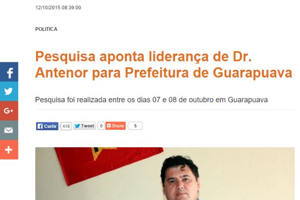 Rede Sul de Notícias divulga pesquisa de intenção de voto para Prefeito em Guarapuava/Pr