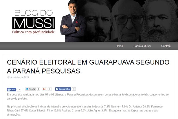 Blog do Mussi divulga pesquisa de intenção de voto para Prefeitura de Guarapuava/Pr