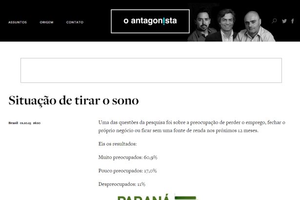O Antagonista divulga pesquisa sobre preocupação do paranaense com relação a estabilidade no emprego