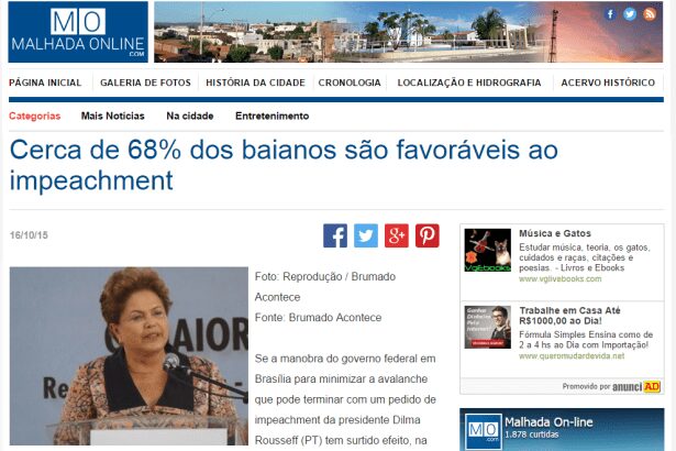 Malhada OnLine divulga pesquisa sobre pedido de Impeachment de Dilma no Estado da Bahia