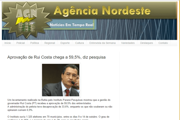 Blog Agência Nordeste divulga aprovação do Governador Rui Costa