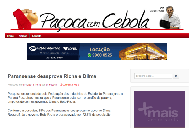 Blog Paçoca com Cebola divulga popularidade dos governantes no Estado do Paraná