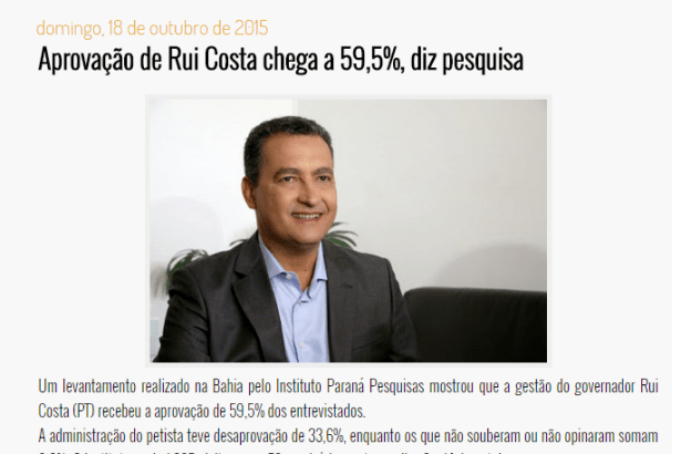 Blog do Leo Barbosa divulga aprovação do Governador Rui Costa