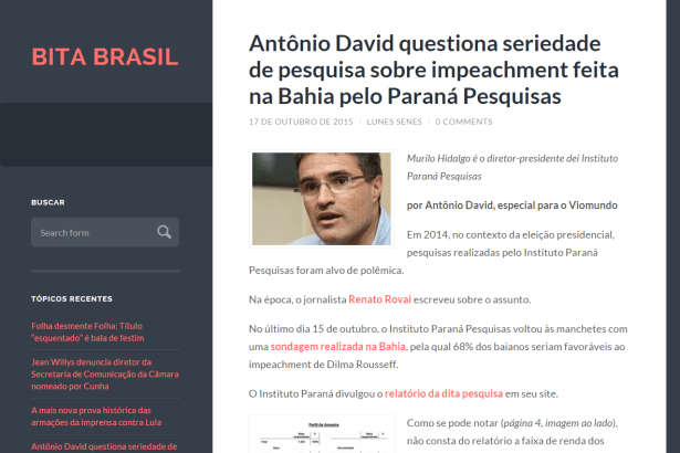 Bita Brasil divulga crítica de Antonio David a pesquisa realizada pelo Instituto Paraná Pesquisas no Estado da Bahia