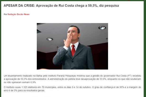 Alerta Itarantim divulga aprovação do Governo de Rui Costa na Bahia