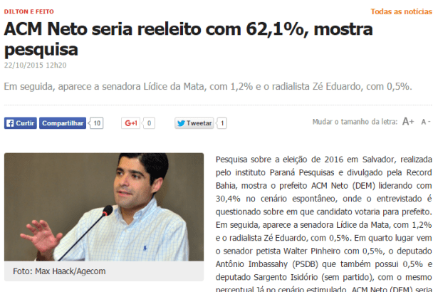 Acorda Cidade divulga intenção de voto dos eleitores para Prefeito em Salvador