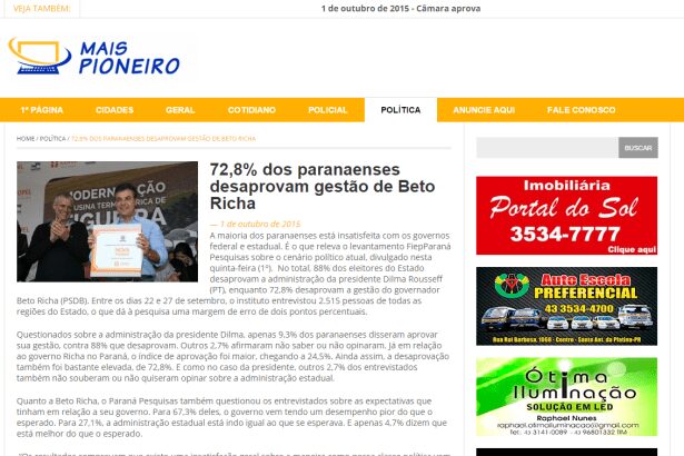 Mais Pioneiro divulga pesquisa de avaliação do Governador Beto Richa