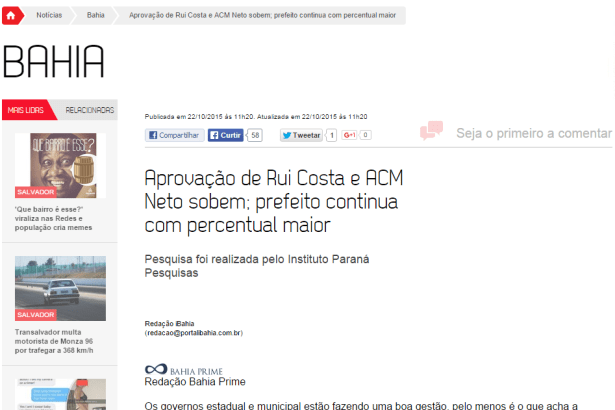 iBahia, Globo.com, divulga aprovação dos Governos Estadual e Municipal em Salvador