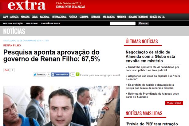 Jornal Extra de Alagoas divulga aprovação do Governador Renan Filho