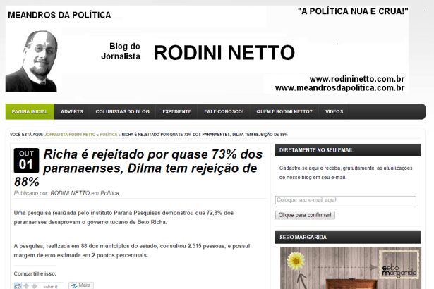 Blog do Jornalista Rodini Netto divulga popularidade do Governador Beto Richa