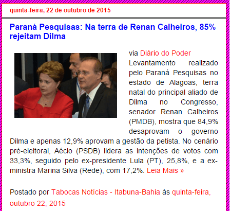Blog Tabocas Notícias divulga avaliação da Presidente Dilma no Alagoas