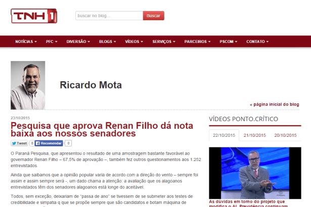 Blog Ricardo Mota, TNH1 , comenta aprovação do Governador Renan Filho e avaliação dos Senadores de Alagoas
