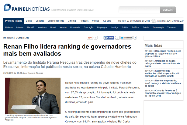 Painel Notícias divulga pesquisa dos Governadores melhor avaliados