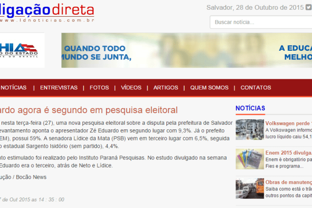 Ligação Direta Notícias divulga intenção de voto para Prefeitura de Salvador