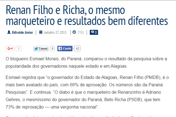 Blog do Edivaldo Júnior, Gazeta Web, comenta popularidade dos Governadores Beto Richa e Renan Filho