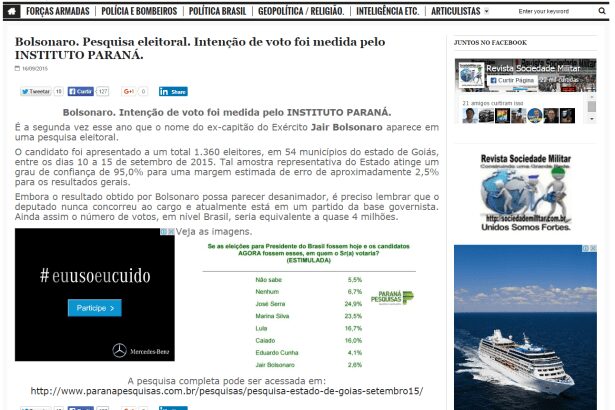 Site Sociedade Militar divulga pesquisa de intenção de voto para Presidente do Brasil