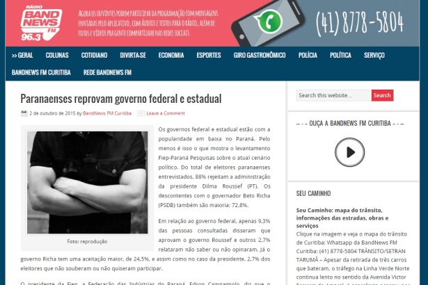Band News Fm Curitiba divulga pesquisa de avaliação dos governos Federal e Estadual no Paraná