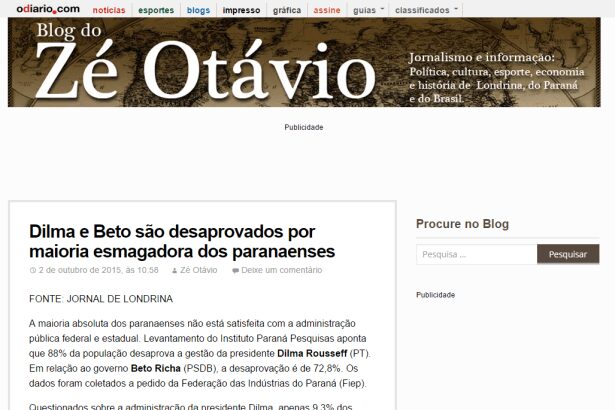 Blog do Zé Otávio, O Diário, divulga pesquisa de popularidade dos governantes no Estado do Paraná