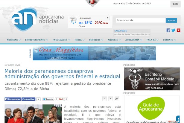 Apucarana Notícias divulga popularidade dos governantes no Estado do Paraná
