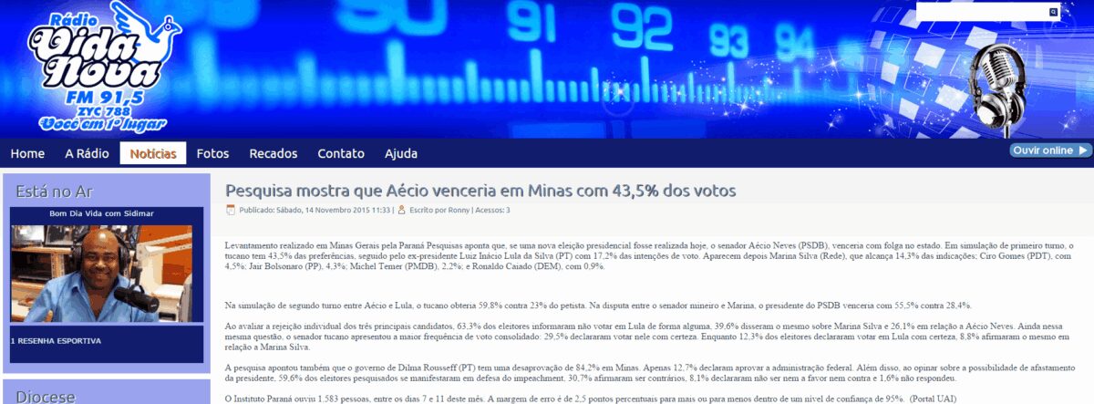 Rádio Vida Nova Fm divulga intenção de voto dos mineiros para Eleições Presidenciais