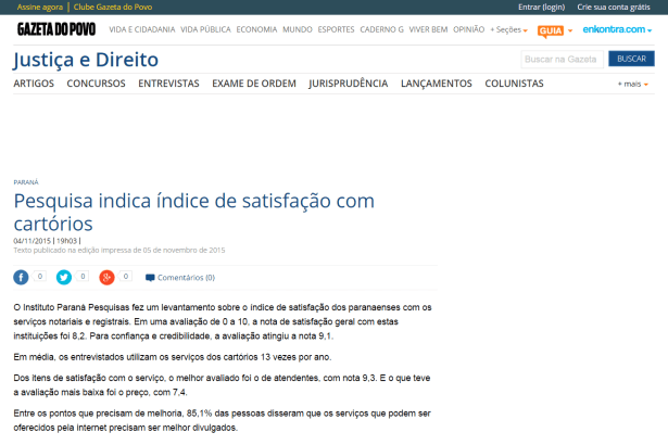 Jornal Gazeta do Povo divulga satisfação dos paranaenses com serviços dos cartórios no Estado