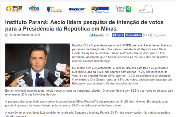 Site do PSDB divulga pesquisa realizada em Minas Gerais de intenção de voto para Eleições Presidenciais