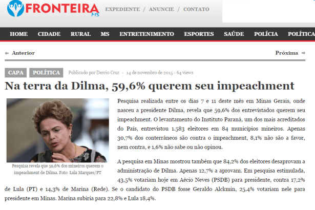 Fronteira MS divulga intenção de voto dos mineiros para Eleições Presidenciais, pesquisa sobre impeachment da Presidente e avaliação de sua administração no estado de Minas Gerais