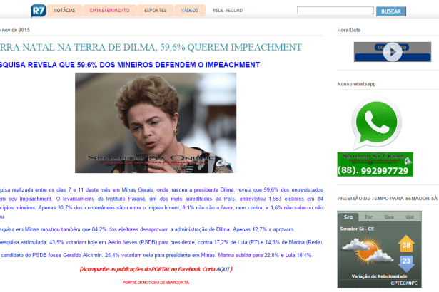 Blog Senador Sá Online divulga avaliação da administração da Presidente Dilma no Estado de Minas Gerais