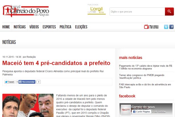 Jornal Correio do Povo de Alagoas comenta pesquisa para Eleições Municipais em Maceió
