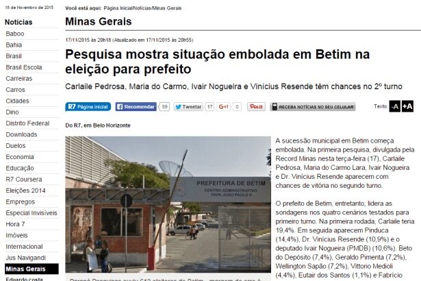 R7 Noticias Minas Gerais divulga intenção de voto dos eleitores de Betim/MG para Eleições Municipais