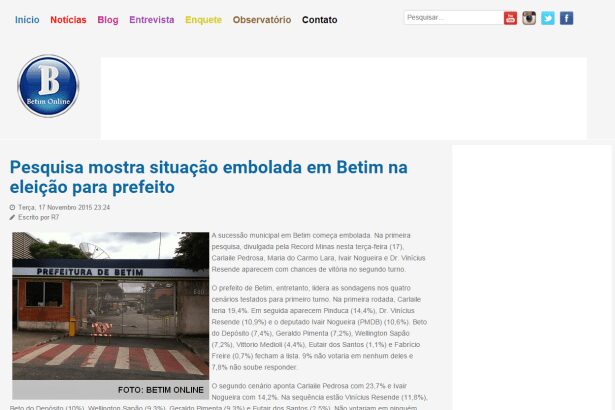Betim OnLine divulga intenção de voto para Eleições Municipais na cidade de Betim/MG