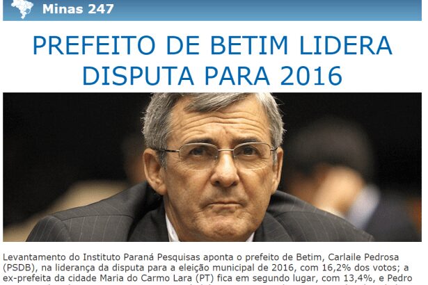 Brasil 247 divulga intenção de voto dos eleitores de Betim/MG para Eleições Municipais