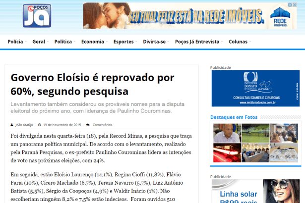 Jornal Online Poços Já divulga avaliação do prefeito e intenção de voto para Eleições Municipais de Poços de Caldas/MG
