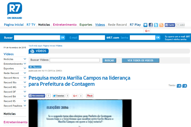 R7 Notícias Minas divulga intenção de voto para Prefeitura de Contagem/MG