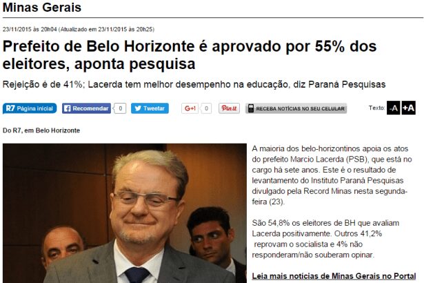 R7 Minas divulga que Prefeito de Belo Horizonte é aprovado por 55% dos eleitores